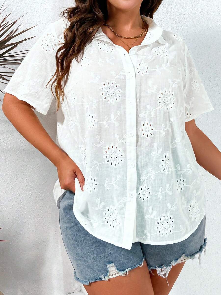 Flirla Camisa con bordado con ojal con botón delantero - Blanco - Ver 1