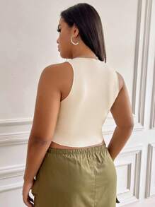 SHEIN EZwear 大碼椰子樹和標語圖案缺口領背心上衣 - 杏色 - 查看 2