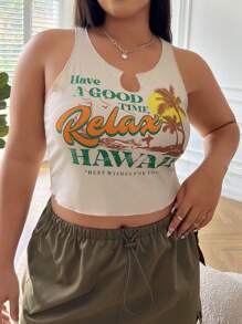 SHEIN EZwear 大碼椰子樹和標語圖案缺口領背心上衣 - 杏色 - 查看 4
