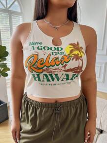 SHEIN EZwear 大碼椰子樹和標語圖案缺口領背心上衣 - 杏色 - 查看 5