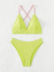 交叉綁帶比基尼套裝，夏季沙灘必備 - 青檸色 - 查看 7