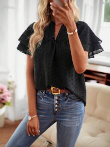 SHEIN Clasi 圓點缺口領蝴蝶袖襯衫 - 黑色 - 查看 5