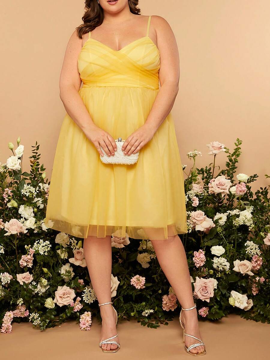 SHEIN Belle Plus Solid Mesh Cami Bridesmaid Dress - Yellow - View 1