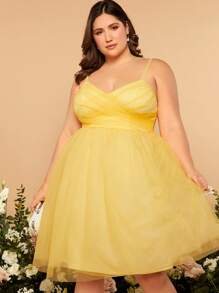 SHEIN Belle Plus Solid Mesh Cami Bridesmaid Dress - Yellow - View 2