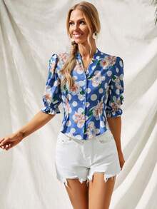 SHEIN LUNE 印花前紐扣泡泡袖襯衫 - 藍色 - 查看 3