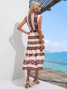 SHEIN VCAY Geo Print Tie Front Cut Out Dress - Apricot - View 3