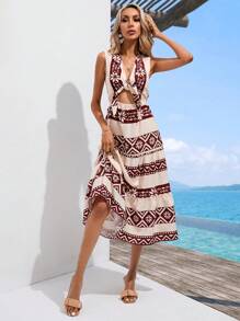 SHEIN VCAY Geo Print Tie Front Cut Out Dress - Apricot - View 1