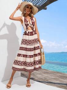 SHEIN VCAY Geo Print Tie Front Cut Out Dress - Apricot - View 5