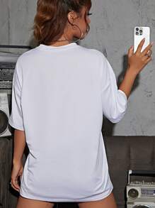 INAWLY 龙与字母图案落肩 T 恤 图案 T 恤 女式上衣 - 白色 - 查看 2