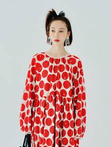 Allover Heart Print Lantern Sleeve Smock Dress - Red and White - View 4