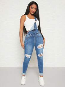 SHEIN SXY Ripped Frayed Denim Overalls Without Tank Top - Light Wash - View 3