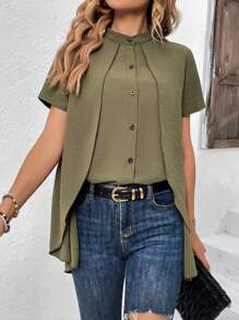 SHEIN Frenchy Solid Button Front Asymmetrical Hem Shirt - Green - View 1