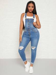 SHEIN SXY Quần yếm & áo liền quần denim dành cho nữ Nút Túi Bị tách màu trơn Giải trí - Rửa trung bình - Xem 1