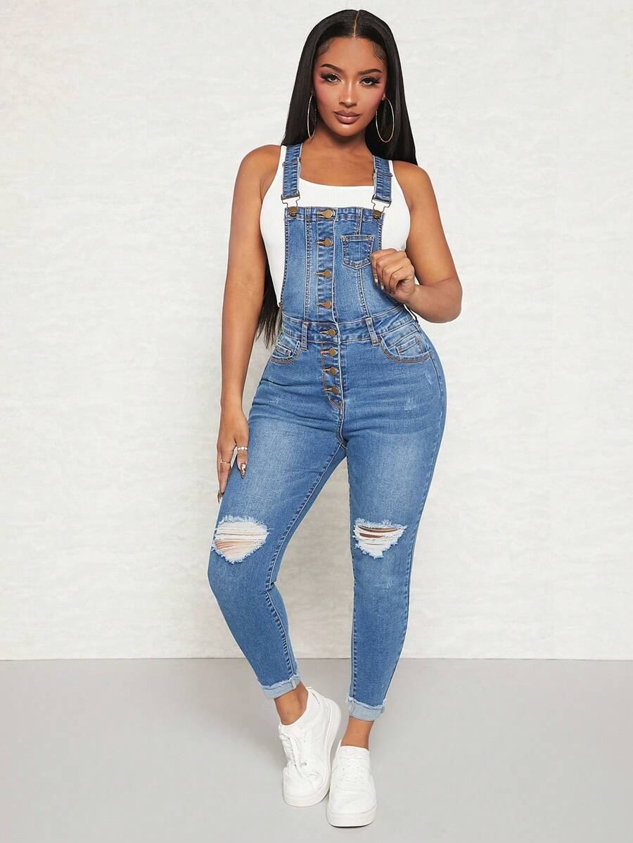 SHEIN SXY Quần yếm & áo liền quần denim dành cho nữ Nút Túi Bị tách màu trơn Giải trí - Rửa trung bình - Xem 1