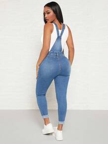 SHEIN SXY Quần yếm & áo liền quần denim dành cho nữ Nút Túi Bị tách màu trơn Giải trí - Rửa trung bình - Xem 2
