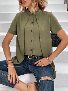 SHEIN Frenchy Solid Button Front Asymmetrical Hem Shirt - Green - View 4