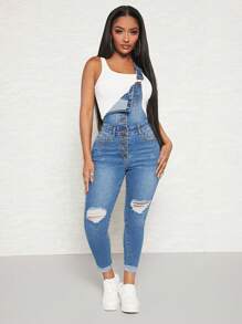 SHEIN SXY Quần yếm & áo liền quần denim dành cho nữ Nút Túi Bị tách màu trơn Giải trí - Rửa trung bình - Xem 4