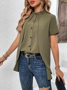 SHEIN Frenchy Solid Button Front Asymmetrical Hem Shirt - Green - View 6