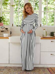Maternity Striped Print Dress - Black and White - View 1