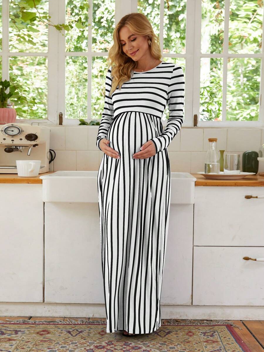 Maternity Striped Print Dress - Black and White - View 1