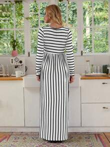 Maternity Striped Print Dress - Black and White - View 2