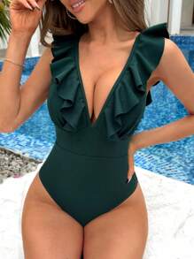 Swim DD+ 荷葉邊露背繫帶連體泳衣 - 墨綠色 - 查看 2