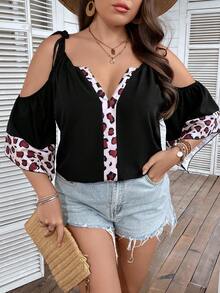 Calvaya Áo sơ mi Plus Size Thắt nút In hoa Báo Giải trí - màu đen - Xem 7