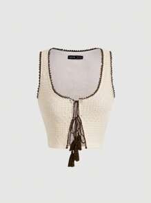 SHEIN MOD Áo khoác và áo lót dành cho xe tăng nữ Tương phản ràng buộc Thắt nơ trước màu trơn Giải trí - Màu be - Xem 1