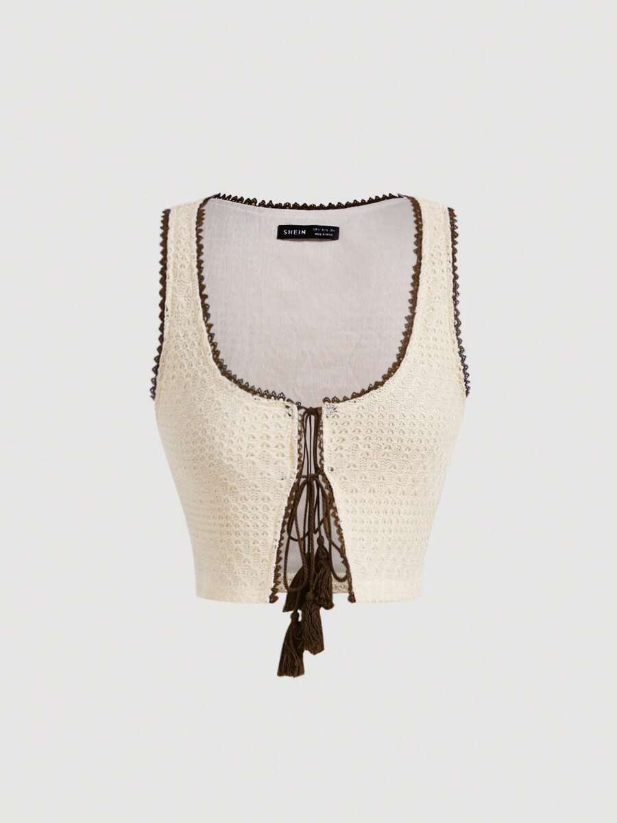 SHEIN MOD Áo khoác và áo lót dành cho xe tăng nữ Tương phản ràng buộc Thắt nơ trước màu trơn Giải trí - Màu be - Xem 1