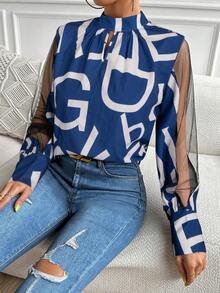 SHEIN Essnce Letter Graphic Contrast Mesh Lantern Sleeve Blouse - Blue - View 4