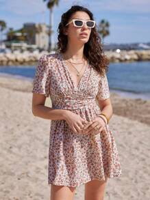 SHEIN Frenchy 碎花褶邊泡泡袖洋裝