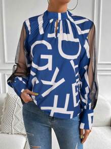 SHEIN Essnce Letter Graphic Contrast Mesh Lantern Sleeve Blouse - Blue - View 6