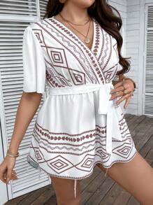 SHEIN Holidaya Áo sơ mi Plus Size Thắt lưng Trọn gói Hình học Boho - trắng - Xem 3