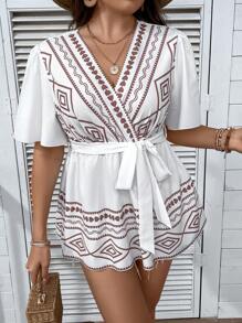 SHEIN Holidaya Áo sơ mi Plus Size Thắt lưng Trọn gói Hình học Boho - trắng - Xem 7