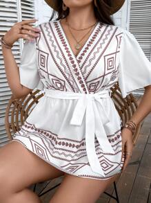 SHEIN Holidaya Áo sơ mi Plus Size Thắt lưng Trọn gói Hình học Boho - trắng - Xem 8