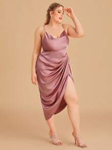 SHEIN Belle Plus Ruched Split Hem Cami Bridesmaid Dress - Dusty Pink - View 4