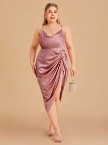 SHEIN Belle Plus Ruched Split Hem Cami Bridesmaid Dress - Dusty Pink - View 1