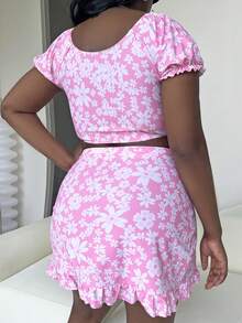 SHEIN 加大码花卉印花抽绳比基尼套装两件套度假套装夏季海滩 - 彩色 - 查看 2