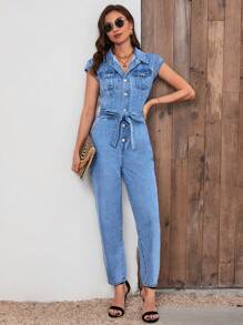 SHEIN Essnce Flap Pocket Belted Denim Jumpsuit