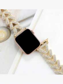 Rhinestone Decor Zinc Alloy Watchband Compatible With Apple Watch - Gold - View 3