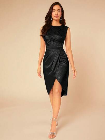 SHEIN Belle Jacquard Wrap Hem Dress Elegant Cocktail Semi Formal Prom Wedding Guest Dress, For Birthday, Graduation, Dinner, Homecoming Party Dress