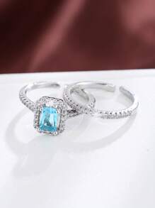 2pcs Gold-Plated Micro-Inlaid Cubic Zirconia Rings, Wedding, Engagement, Proposal Jewelry Gift - Baby Blue - View 2