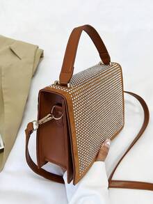 方包鉚釘裝飾翻蓋頂部單條提帶 - 棕色 - 查看 3