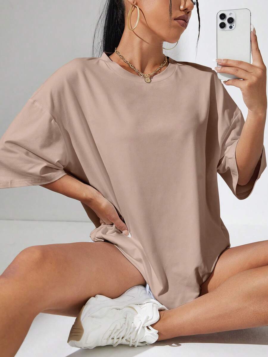 INAWLY Solid Drop Shoulder Oversized Tee, Unisex - Khaki - View 1