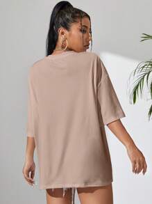 INAWLY Solid Drop Shoulder Oversized Tee, Unisex - Khaki - View 2
