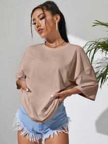 INAWLY Solid Drop Shoulder Oversized Tee, Unisex - Khaki - View 5
