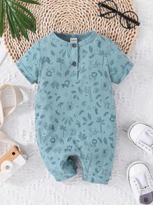 Baby Cartoon Graphic Button Front Tee Romper - Blue - View 1
