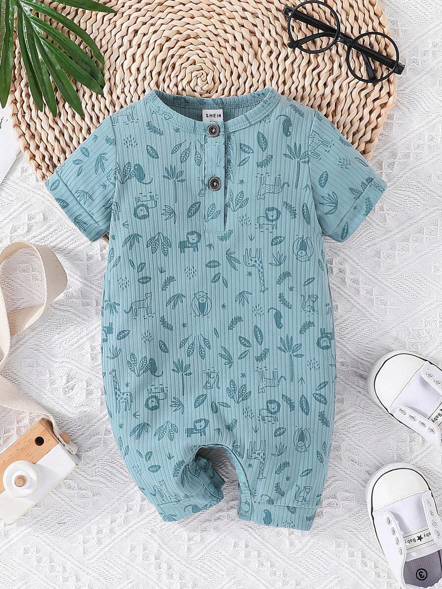 Baby Cartoon Graphic Button Front Tee Romper - Blue - View 1