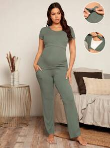 SHEIN Maternidad unicolor amamantamiento Pantalones con camiseta Set - Verde - Ver 1