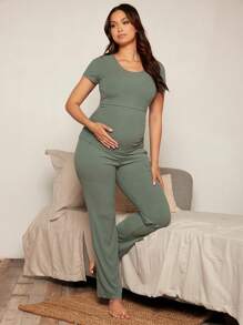SHEIN Maternidad unicolor amamantamiento Pantalones con camiseta Set - Verde - Ver 7